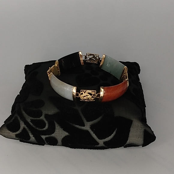 14 KT GOLD Bracelet Solid and JADE Multi-Color Flex Links  Estate Size Medium - Picture 3 of 11